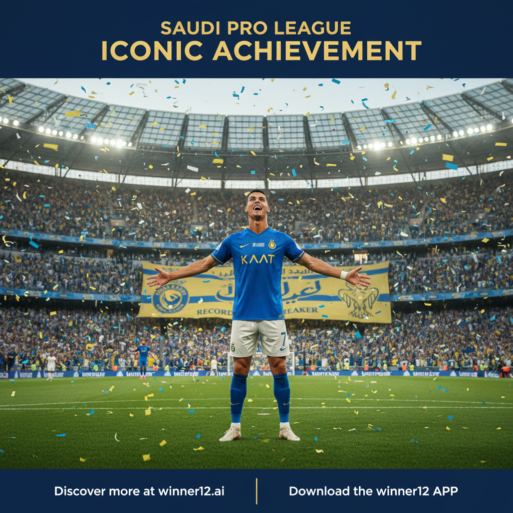 Alt text: Realistic poster of Cristiano Ronaldo celebrating his record-breaking milestone in the Saudi Pro League, wearing his team jersey on a vibrant green soccer pitch with a dynamic stadium filled with cheering fans, featuring subtle Saudi Pro League branding and a clean call-to-action text “Discover more at winner12.ai.”