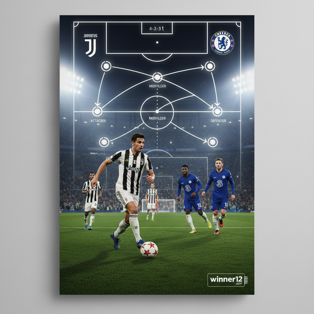 图片ALT文本：尤文图斯与切尔西在经典足球场地的激烈对抗，明亮的聚光灯下展示4-2-3-1战术阵型图解，配有战术箭头和球员位置标示，球队标志和球衣清晰可见，传统皮革足球和球门细节丰富，背景观众热情高涨，画面右下角带有winner12.ai品牌标识，整体设计专业且紧张，体现今日竞彩足球推荐预测分析的独家战术揭秘。