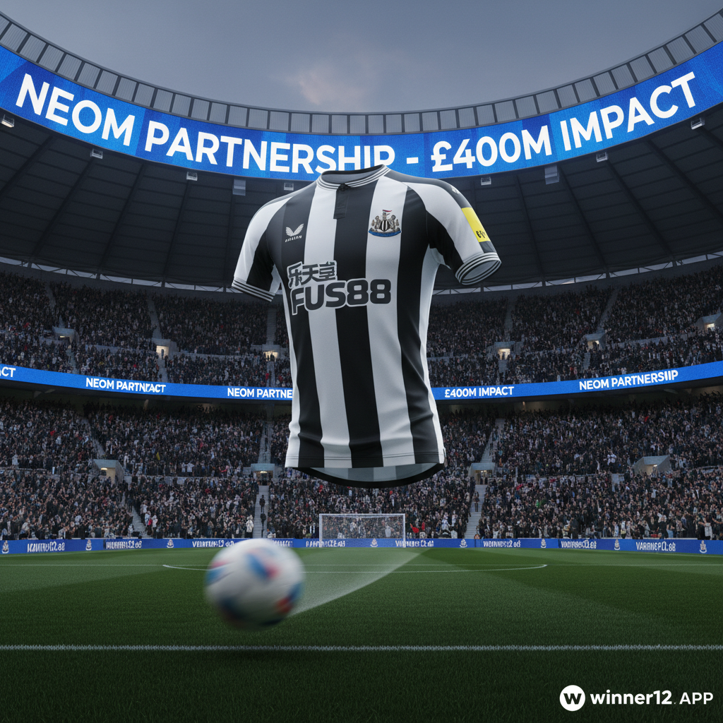 Alt text: Realistic poster of Newcastle United’s black and white striped soccer kit in a modern stadium with bold £400M NEOM partnership headline on LED boards, featuring the club crest, a soccer ball in motion, and cheering crowd, with clean typography and winner12.ai logo in the corner.