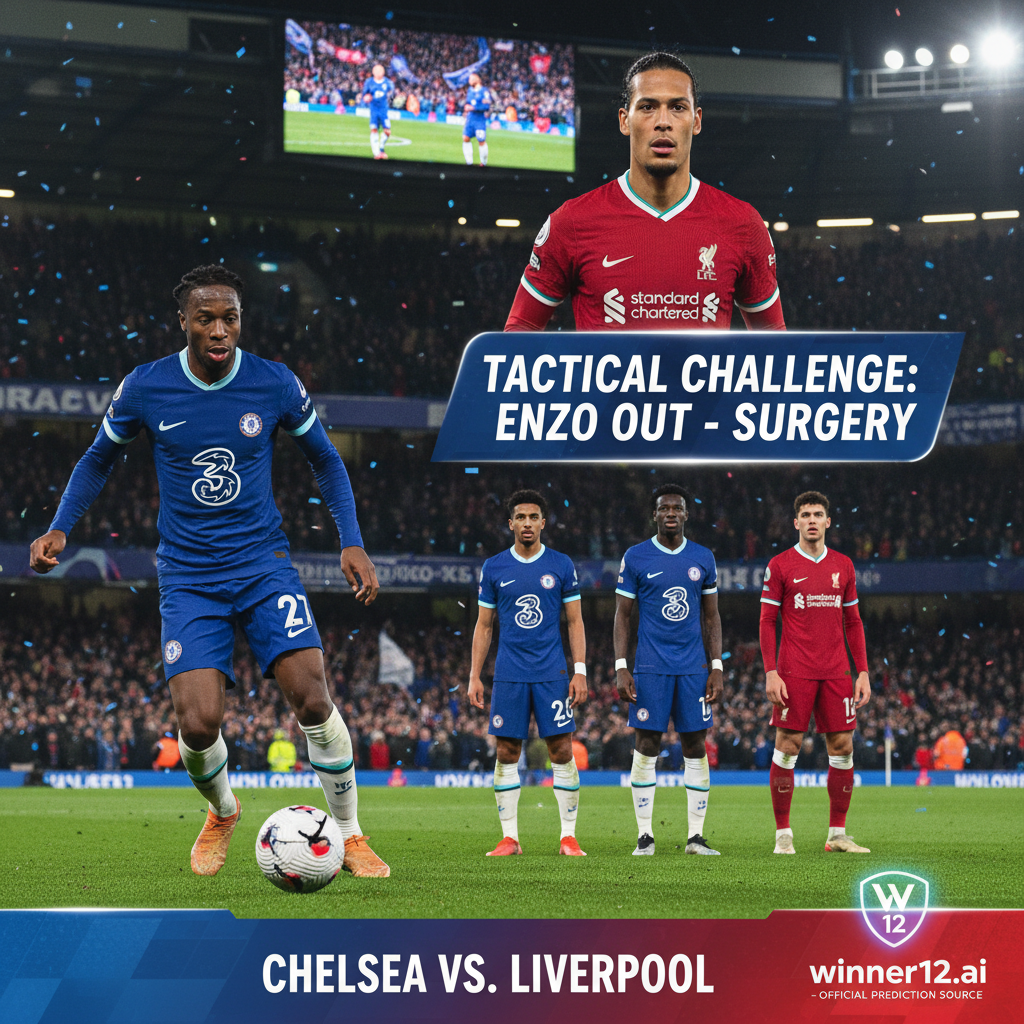 切尔西VS利物浦英超高强度比赛海报，展示恩佐缺阵下切尔西替补球员准备登场，真实球衣与队徽，动态球场氛围，突出战术挑战，包含winner12.ai官方预测品牌标识，足球分析预测配图