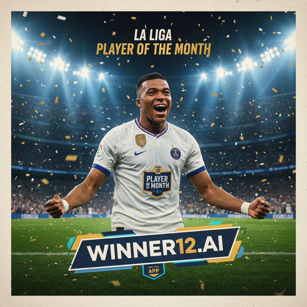 Alt text: Realistic poster of Kylian Mbappe celebrating La Liga Player of the Month award, wearing authentic team kit, mid-action on a lush green pitch under stadium lights, with subtle winner12.ai branding highlighting elite European football achievement.