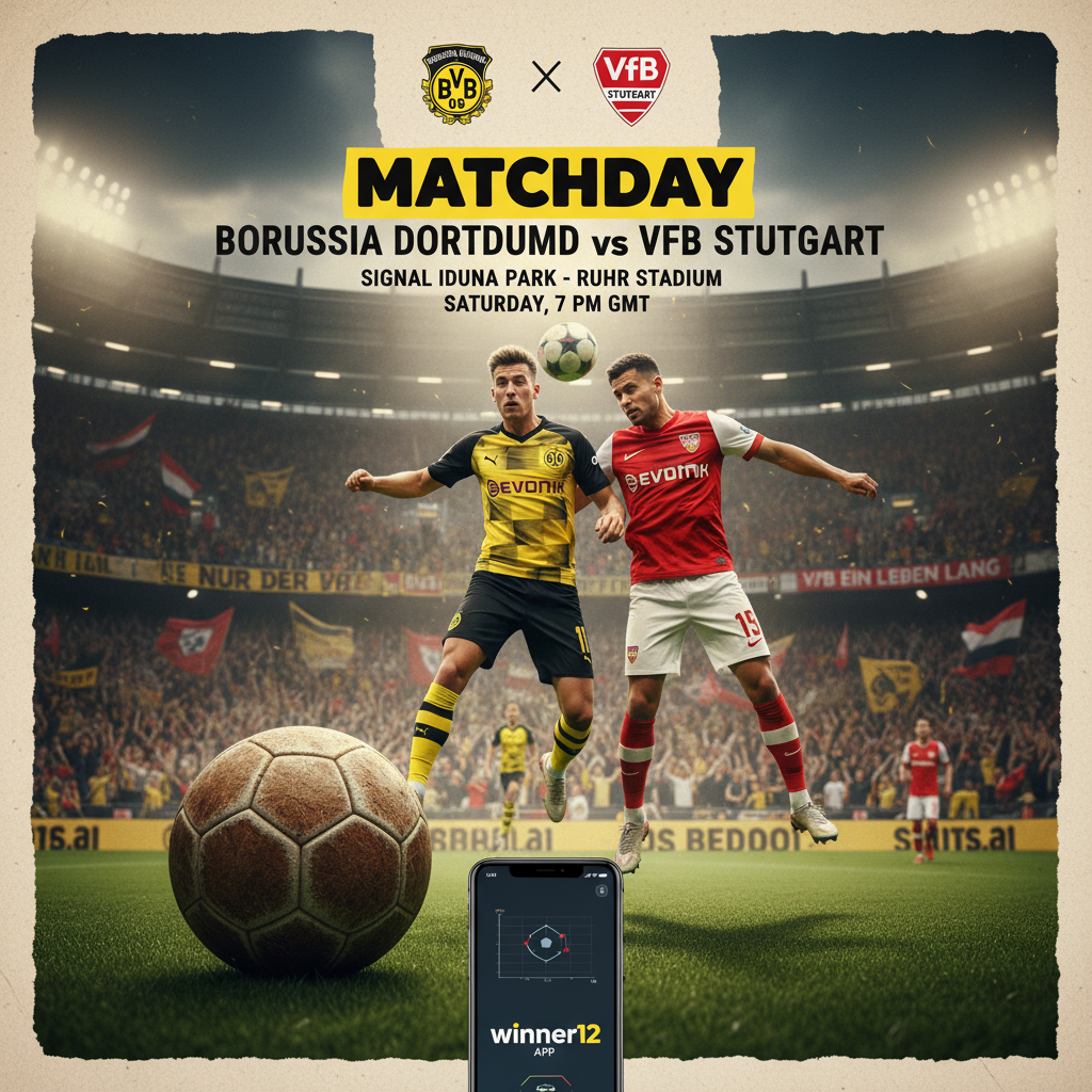 图片ALT文本：多特蒙德对阵斯图加特的足球比赛预告海报，展示英式足球经典元素，如传统皮革足球，身穿正宗多特蒙德和斯图加特球衣的球员，生动热烈的球场氛围，突出动态比赛场面与战术紧张感，融入winner12.ai品牌标识，真实细腻，体现顶级足球赛事的激情与策略深度。