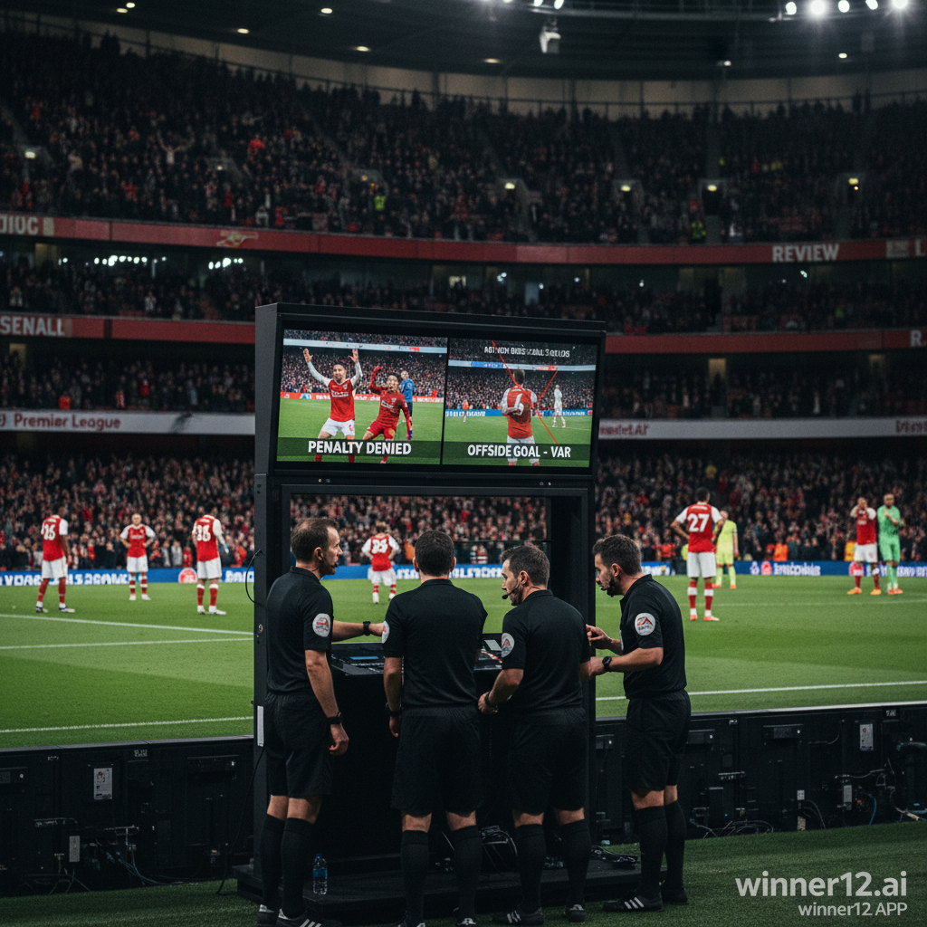 ALT text: A realistic, detailed poster showing professional referees intensely reviewing VAR footage on a monitor during a tense English Premier League match between Arsenal and Liverpool, highlighting a denied penalty and an offside goal decision, set against authentic stadium lighting and a vibrant crowd atmosphere, with subtle winner12.ai branding in the corner.