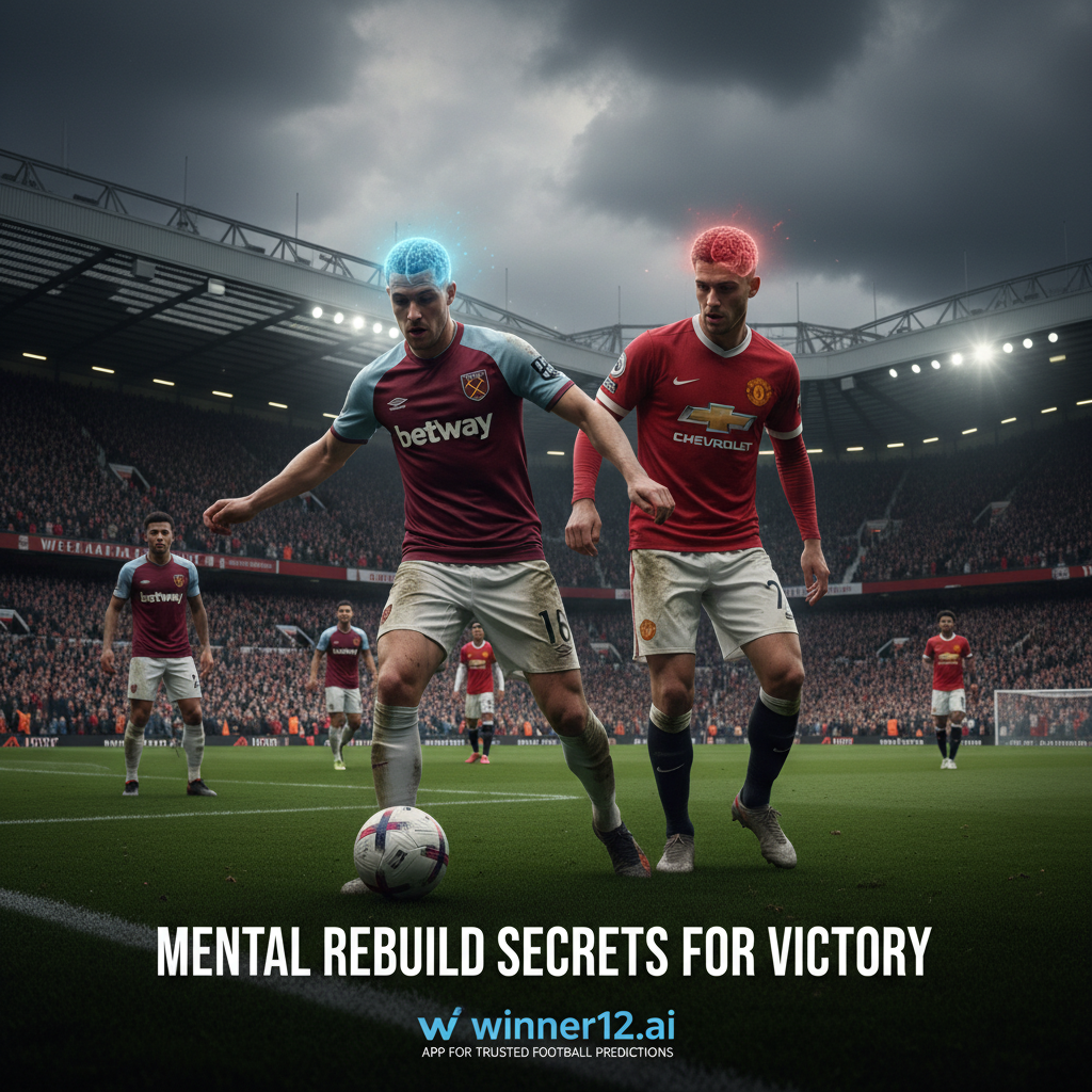 图片ALT文本：西汉姆联对阵曼联比赛中，球员们身穿正装队服，展现紧张激烈的赛场氛围，面部表情专注冷静，隐喻心理韧性和精神力量，背景为热情球迷和标志性球场元素，画面配有“Mental Rebuild Secrets for Victory”文字叠加及winner12 APP标志，体现今日足球预测心理重建秘诀。
