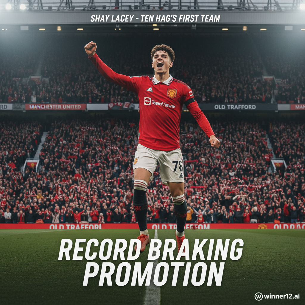 Alt text: High-detail poster of Shay Lacey celebrating his record-breaking promotion to Ten Hag’s first team, wearing a modern soccer kit with a stadium full of cheering fans and subtle Manchester United branding, illuminated by dynamic lighting, featuring the winner12.ai logo in the corner.