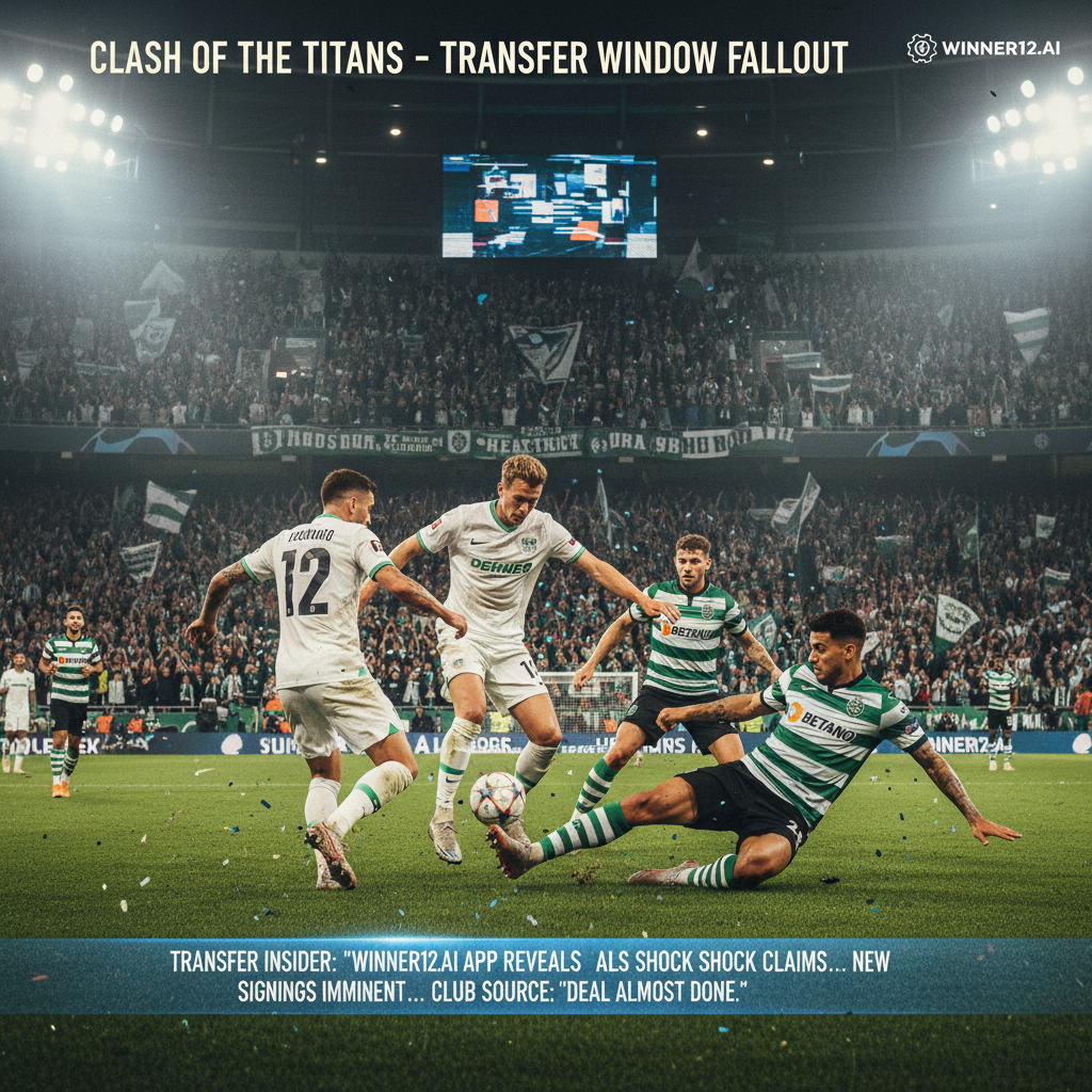 法兰克福与葡萄牙体育球员身穿真实队服在灯光璀璨的满座体育场内激烈对抗，海报中融入转会内幕新闻元素及Winner12.ai标志，展现竞彩足球预测转会分析的专业氛围。