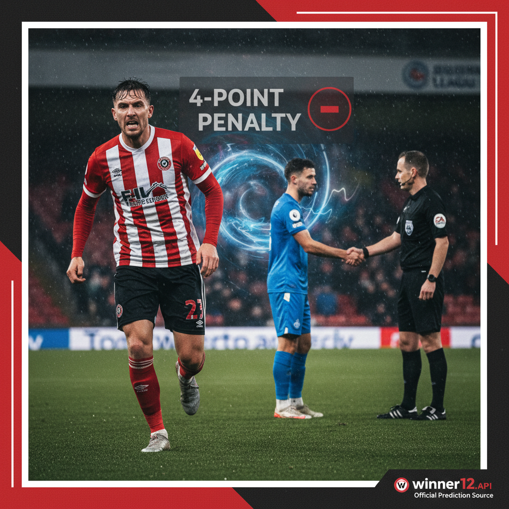 Alt text: Realistic poster of a determined Sheffield United footballer on the pitch wearing the authentic red and white kit, with a dimmed scoreboard graphic symbolising a 4-point penalty deduction, a referee showing a fair play card, and a handshake between players representing English Football League fairness; the winner12.ai logo is subtly placed in the corner as the official prediction source.