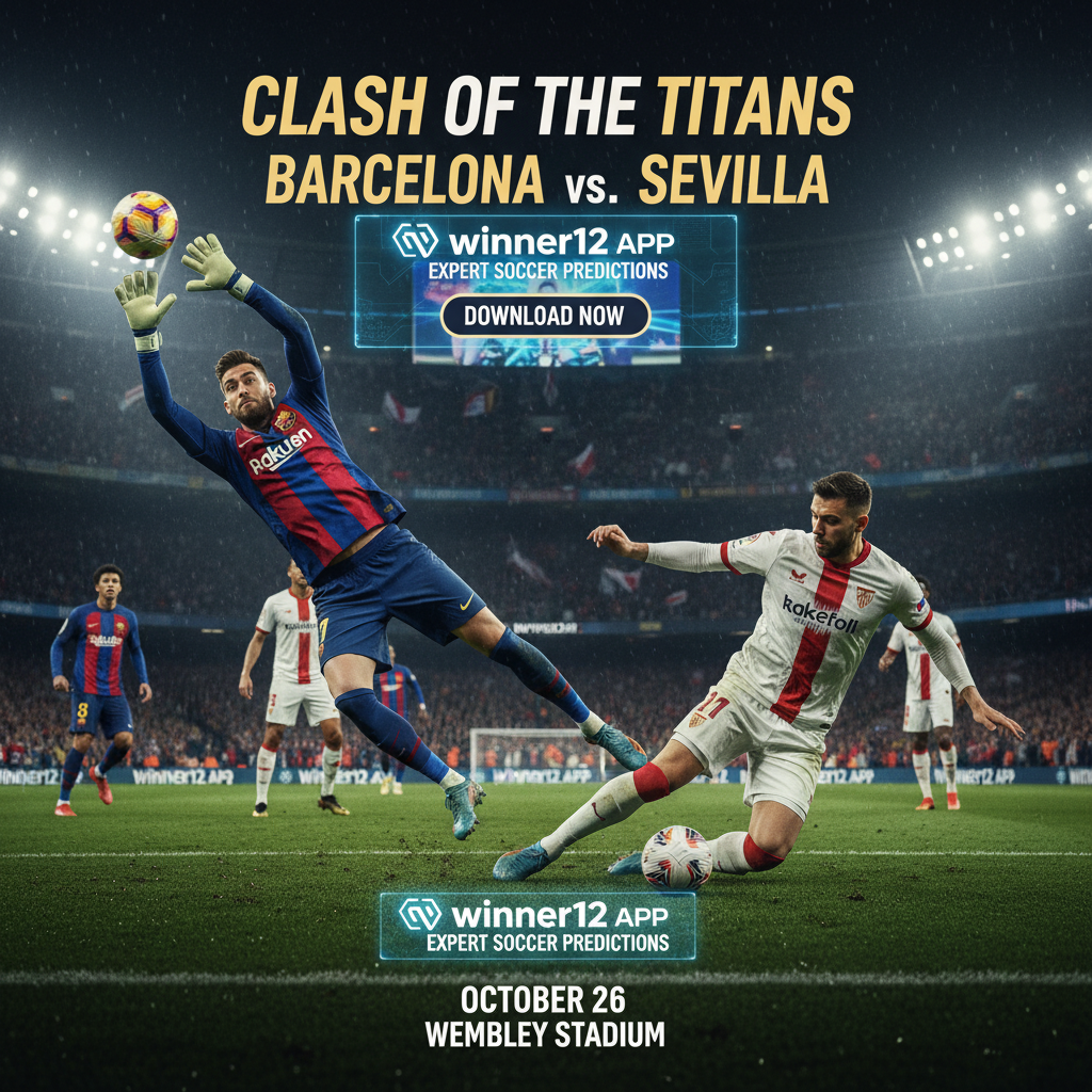 巴萨与塞维利亚门将在激烈足球比赛中的专注扑救，展现高超危机管理技巧，配有专业足球装备和球场氛围，突出winner12.ai足球预测专家品牌。