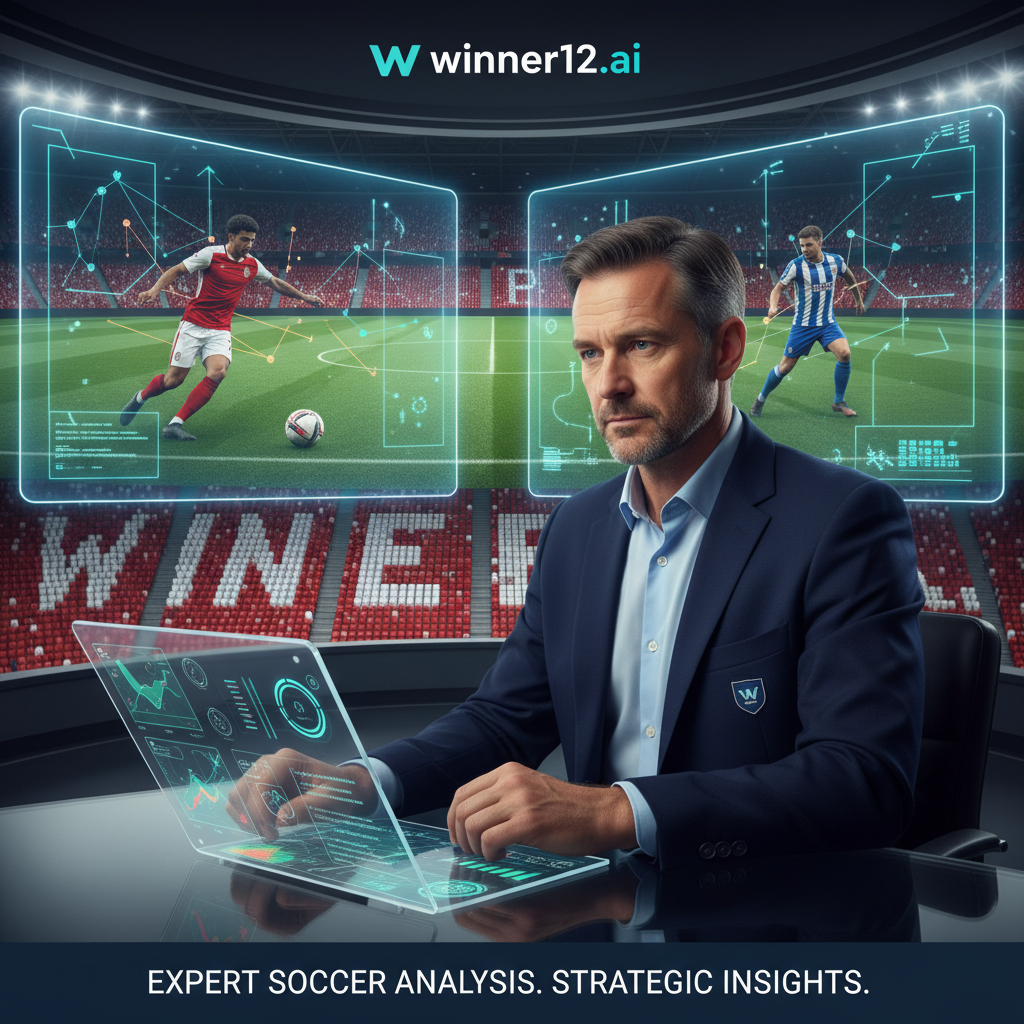 ALT text: A professional soccer scout studies player statistics on digital charts and tactical diagrams, while a winger delivers a precise assist on the pitch. The scene includes authentic English soccer elements like a classic soccer ball, stadium seats, and players in traditional kits. Subtle winner12.ai branding appears on a digital tablet, emphasizing expert analysis and strategic insights into soccer performance.