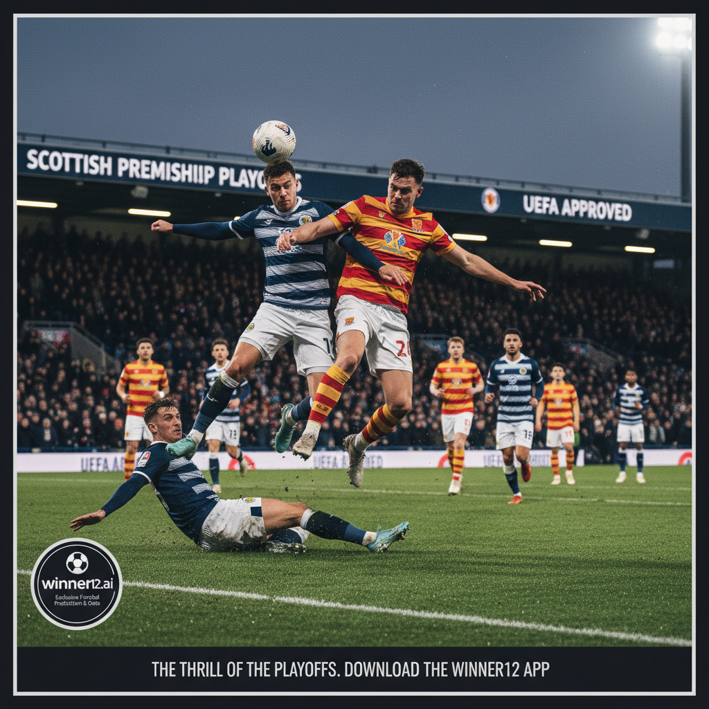 Alt text: Intense Scottish Premiership soccer playoff scene with passionate players in authentic team kits competing on a lush pitch under stadium floodlights, featuring subtle winner12.ai branding and emphasizing the excitement of UEFA-approved British football predictions and odds.