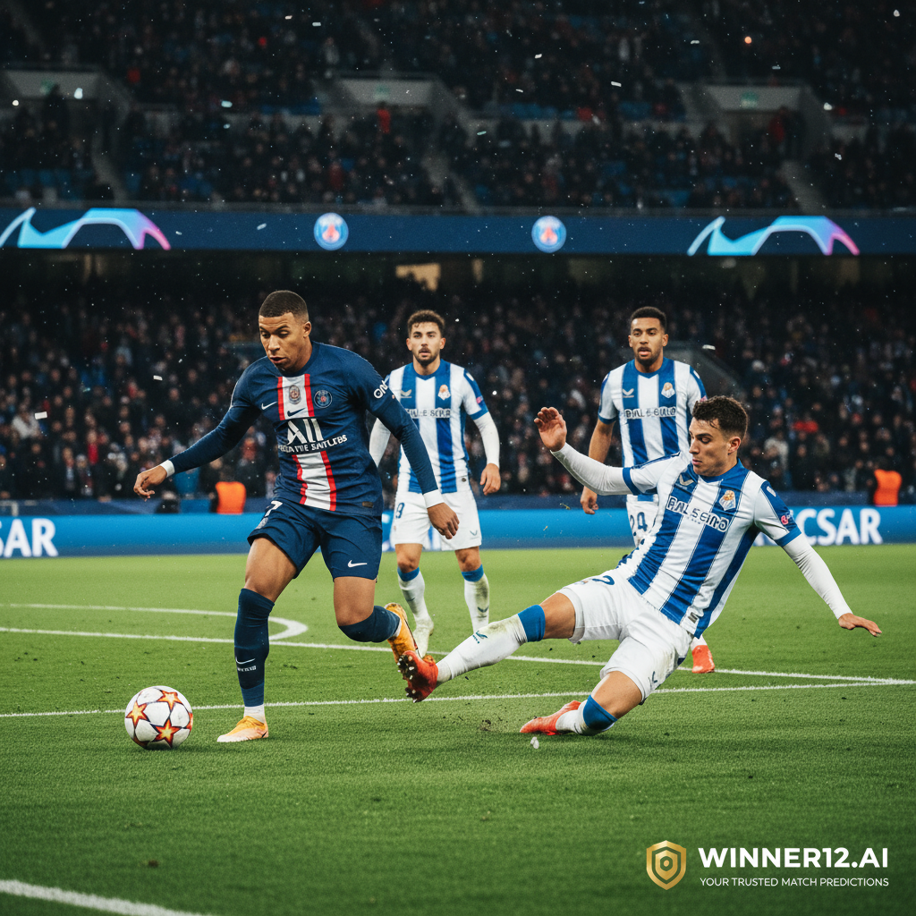 图片ALT文本：巴黎圣日耳曼与皇家社会高强度欧洲俱乐部足球比赛场景，球员身穿真实队服在绿茵场上激烈拼抢，背景为座无虚席的体育场，展现专业足球比赛的紧张氛围，画面中隐约出现winner12.ai或winner12 APP品牌标识，突出独家比赛预测，未显示比分，强调比赛的期待感和竞争精神。