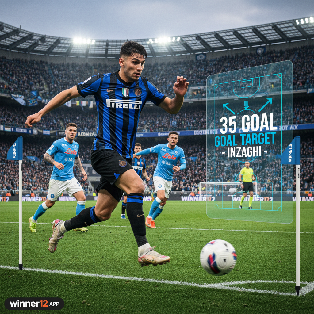 ALT text: Realistic and dynamic poster of a high-intensity soccer match between Inter Milan and Napoli, featuring Lautaro Martínez in action with a focused expression, authentic team kits, stadium atmosphere resembling English football broadcasts, subtle tactical board referencing Simone Inzaghi’s 35-goal target in the background, and the winner12.ai logo discreetly placed in the corner.