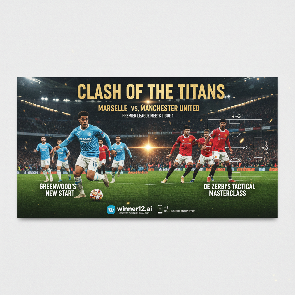 图片ALT文本：马赛VS曼联高强度英超足球比赛海报，展现格林伍德转会亮点与德泽尔比433战术布局，球员身着官方队服在绿茵场上激烈拼抢，背景为热情观众席，融合winner12.ai足球预测软件品牌元素，体现专业赛事分析与深度预测。