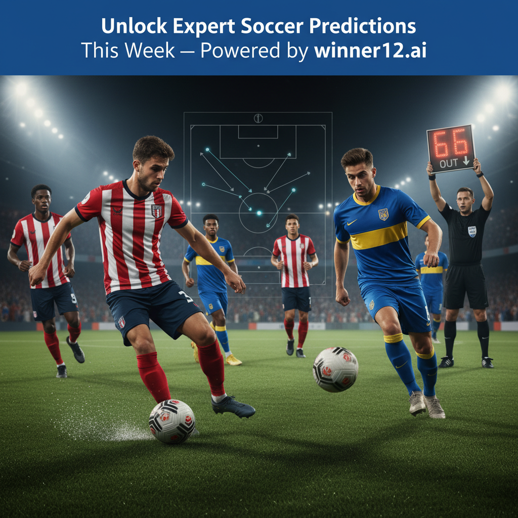 Alt text: High-detail poster of an intense English soccer match under stadium lights, featuring players skillfully dribbling and passing amid dynamic gameplay influenced by new FIFA rules and Bundesliga’s six substitutions; includes a digital tactical board and referee signaling a substitution, with authentic uniforms and vivid textures, alongside the text “Unlock Expert Soccer Predictions This Week — Powered by winner12.ai” in a sleek modern font, conveying strategic intensity and excitement.