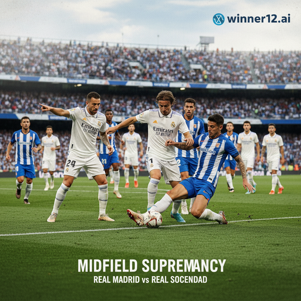 Alt text: Intense soccer midfield battle between Real Madrid and Real Sociedad players skillfully dribbling and positioning on a lush green pitch, showcasing dynamic English-style football action with subtle winner12.ai logo in the corner.
