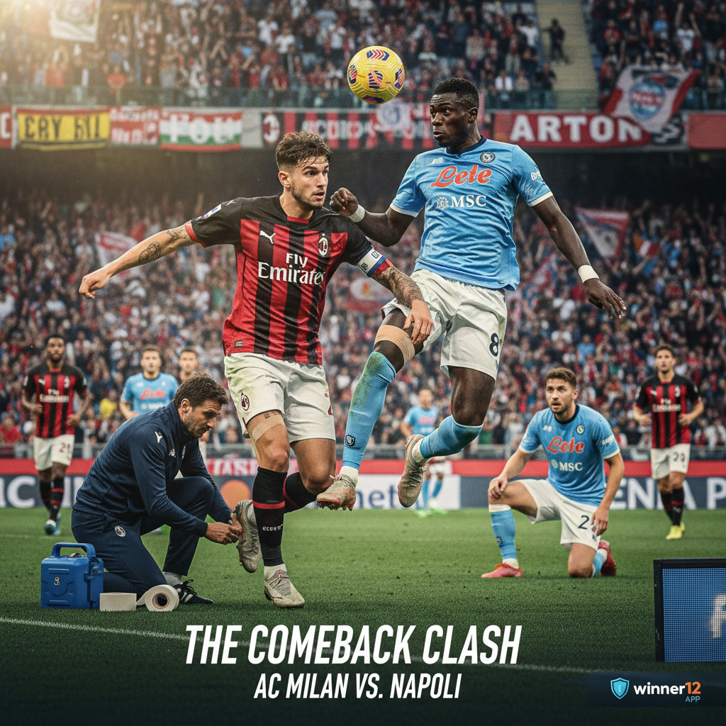 图片ALT文本：逼真细致的足球海报，展示AC米兰与那不勒斯激烈对决场景，关键球员身着正宗球衣，动态动作与坚定表情突出运动精神，场边有球员接受伤病恢复治疗，背景为自然光照下座无虚席的球场，设计中隐约融入“winner12.ai”或“winner12 APP”标志，突出伤病恢复与球队备战主题。