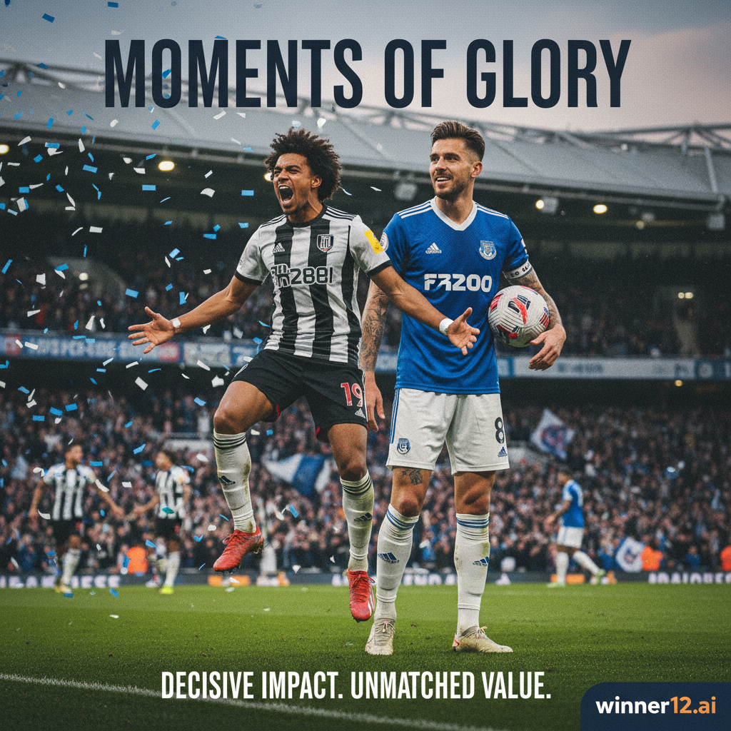 ALT text: Realistic poster of two English football players on the pitch; one celebrating Muniz’s decisive goal, the other confidently representing Silva’s £60M valuation, wearing authentic kits with a stadium background and subtle winner12.ai branding.