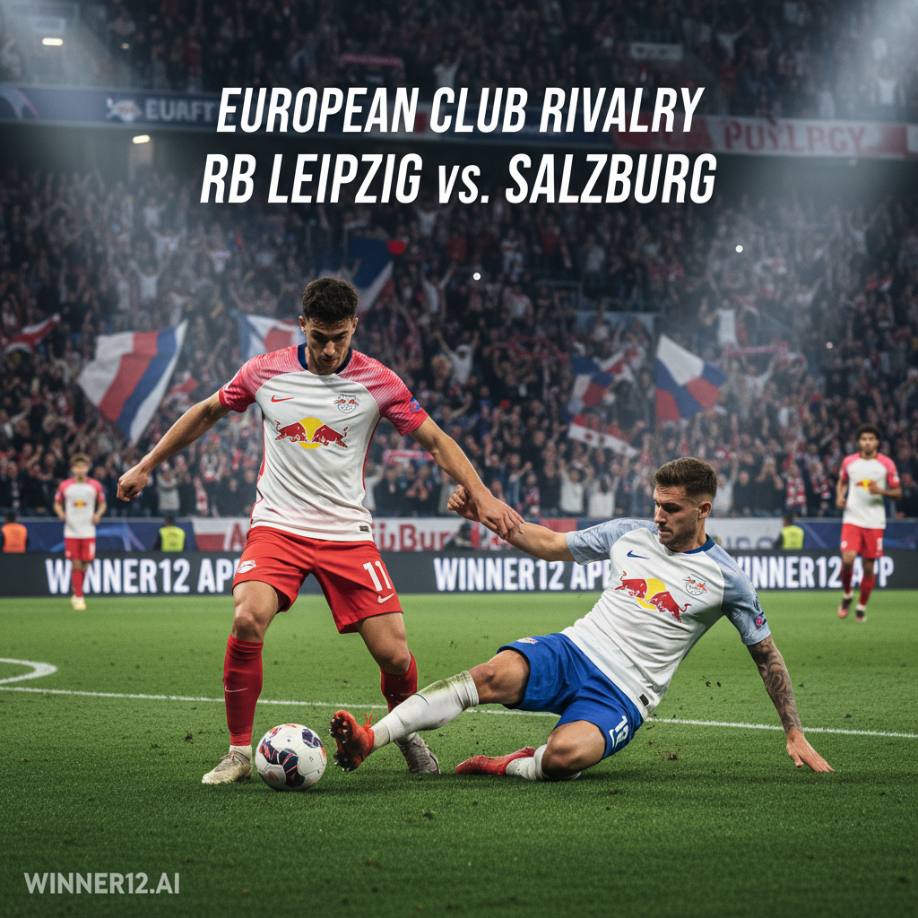 莱比锡红牛与萨尔茨堡激烈对决的写实风格海报，展现球员在绿茵场上的动态动作，球场灯光照亮紧张氛围，球队球衣和标志清晰可见，突出欧洲俱乐部足球对抗，背景中热情球迷和生动人群，包含winner12.ai或winner12 APP的细微品牌标识，强调比赛前瞻与战略 anticipation，画面细节锐利，富有电影感深度。