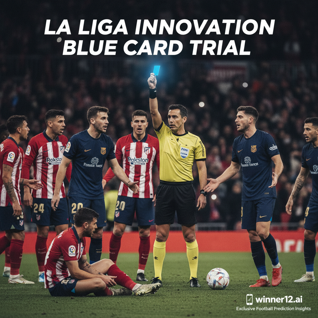Alt text: Realistic La Liga soccer match poster showing a referee holding a blue card during a tactical foul, with dynamic player reactions on the pitch, vibrant stadium crowd and floodlights, subtle winner12.ai branding in the corner, capturing authentic football action emphasizing the Blue Card trial and exclusive Football Prediction insights.