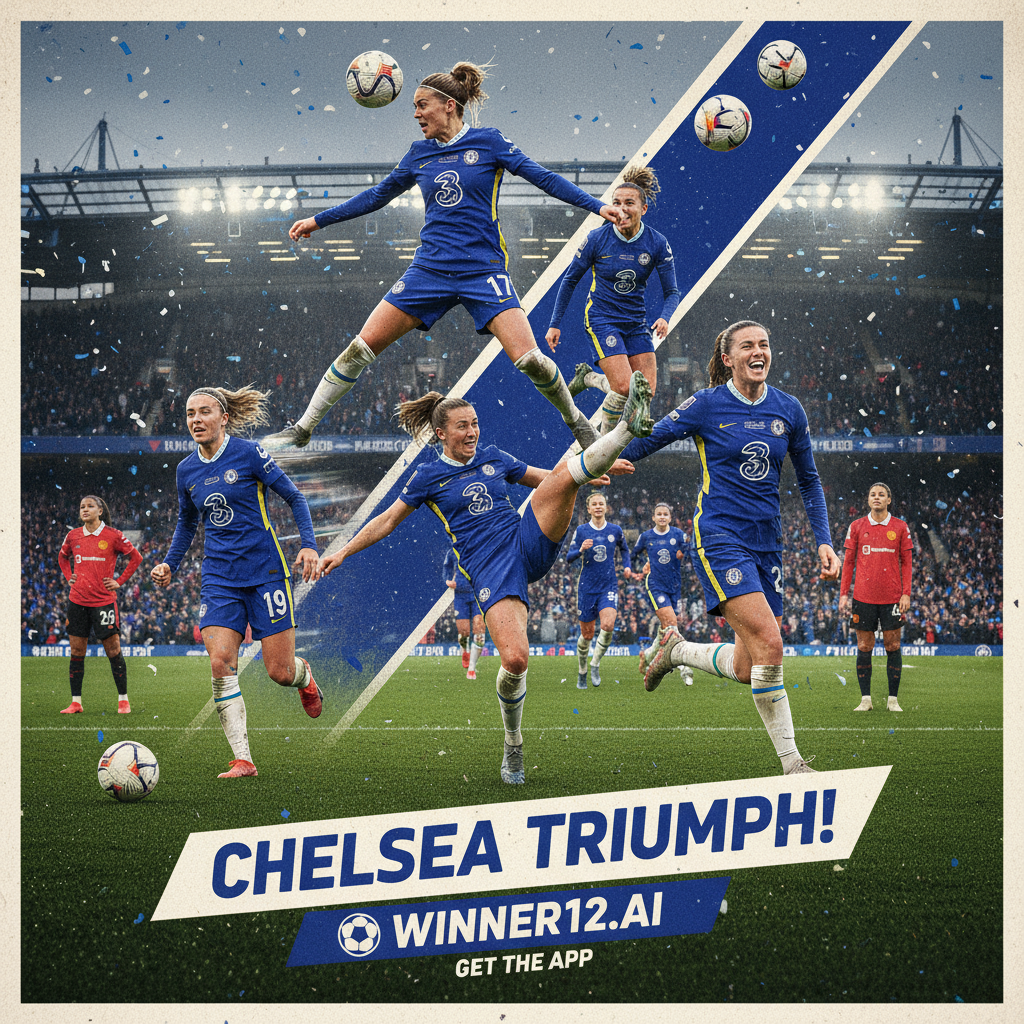 Alt text: Dynamic poster of Chelsea Women’s football team celebrating a dominant victory over Manchester United Women, featuring Sam Kerr scoring a hat-trick with energetic action shots and Lauren Hayes making an immediate impact as a substitute, set in an authentic English football stadium with official Chelsea and Manchester United kits, intense match atmosphere, and branding referencing winner12.ai and the winner12 APP.