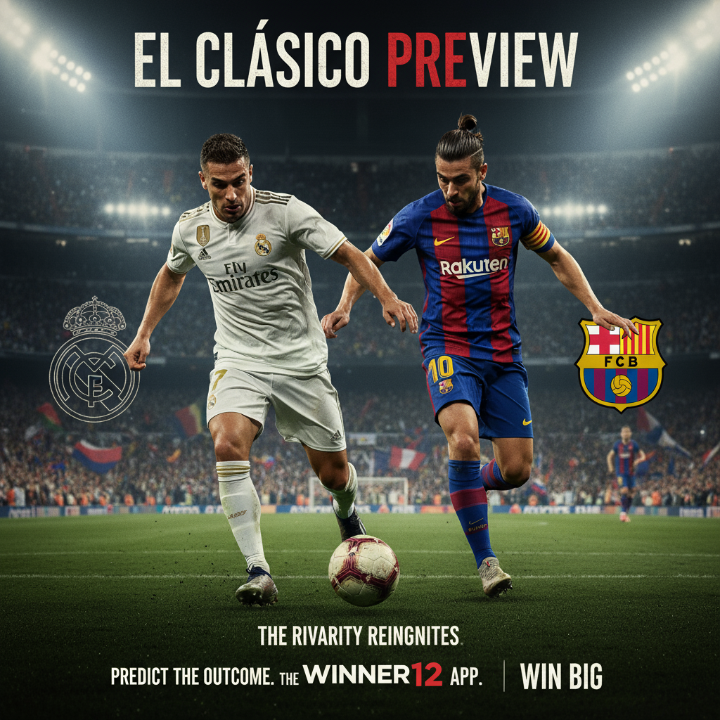 皇家马德里与巴塞罗那国家德比海报，真实细致的足球场景，双方球员身穿官方球衣，激烈对抗姿态，绿茵场上灯光照耀，经典足球与球队徽章，背景为满座球场，氛围紧张且富有戏剧性，配有“El Clásico Preview”文字及winner12.ai/APP推荐，突出今晚足球赛事预测主题。