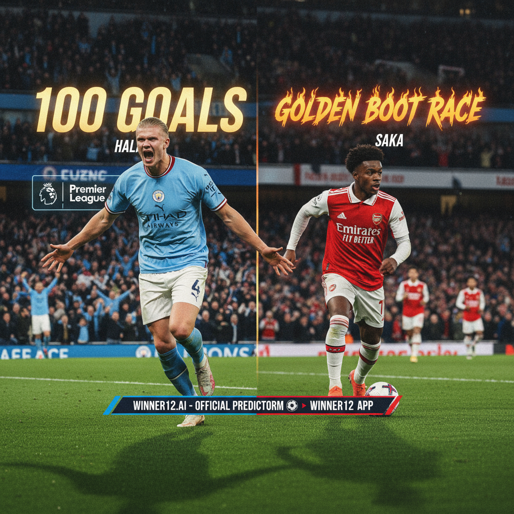 ALT text: Photorealistic poster of Erling Haaland in Manchester City's sky blue kit celebrating his 100th goal and Bukayo Saka in Arsenal's red and white kit in action during a vibrant Premier League stadium match, featuring cheering fans under floodlights, with subtle “winner12.ai” branding highlighting football match predictions for Manchester City vs Arsenal.