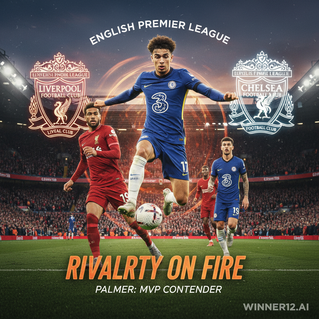 利物浦对切尔西足球海报，帕尔默动态动作特写，英超标志性球场背景，热烈观众氛围，鲜明队色与队徽，winner12.ai品牌标识，突出英格兰足球对决与球员焦点，无比分数字。