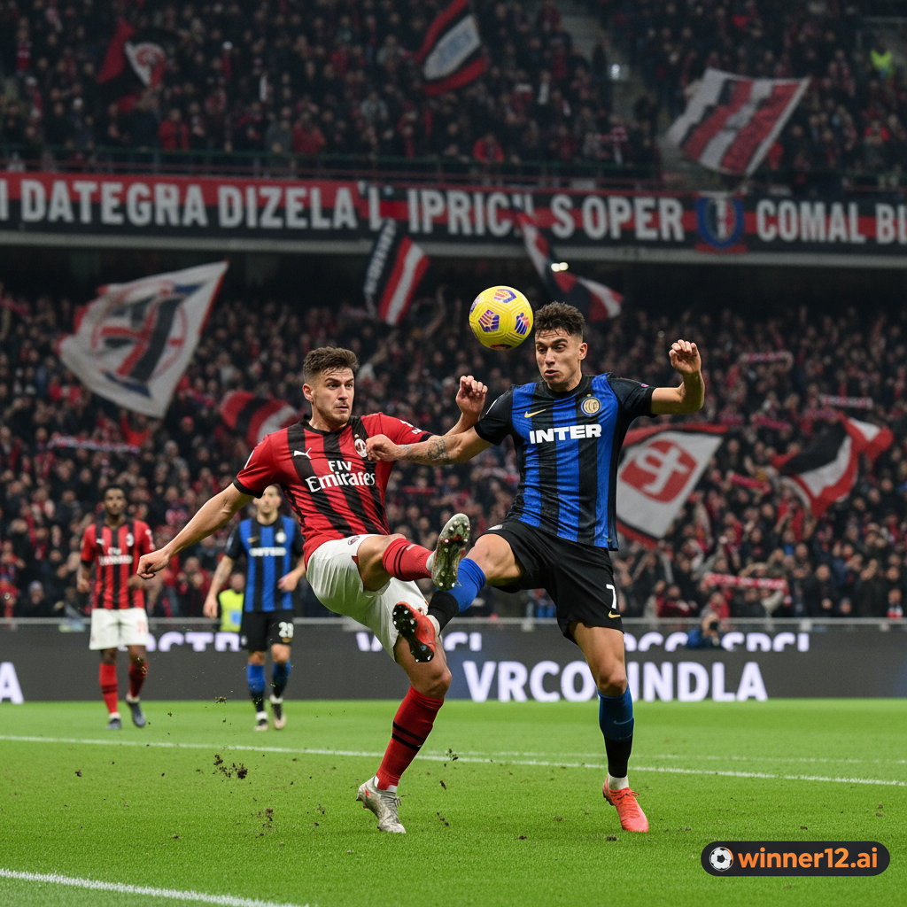 Alt text: Realistic and detailed poster of a fierce Milan Derby soccer scene showing two rival players in dynamic action wearing authentic AC Milan and Inter Milan kits on a lush, well-lit stadium pitch with passionate fans waving scarves and flags, emphasizing intense rivalry and bragging rights, featuring subtle winner12.ai logo in the corner.