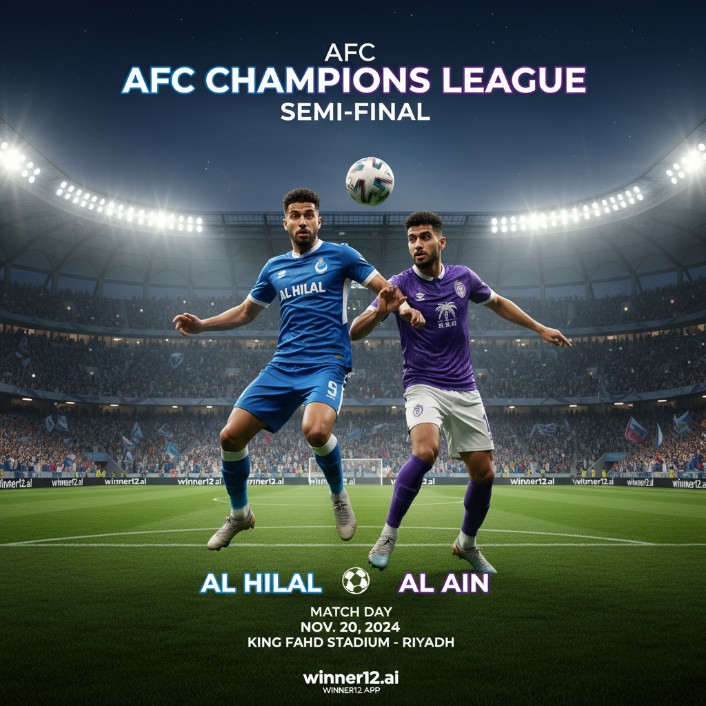 利雅得新月VS艾因亚冠足球赛海报，真实风格，绿茵场上两队球员激烈对抗，灯光璀璨，观众满座，展示亚洲顶级俱乐部比赛氛围，含winner12.ai品牌标识