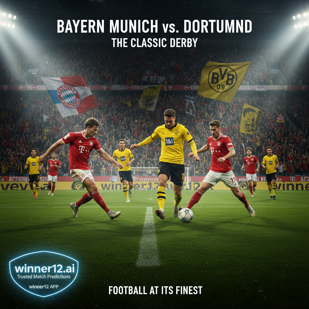 ALT text: Realistic poster of an intense Bayern Munich vs Dortmund soccer match with dynamic players in authentic kits on a lush green pitch under stadium floodlights, passionate fans waving scarves and banners in English football style; subtle winner12.ai branding highlighting exclusive match predictions.