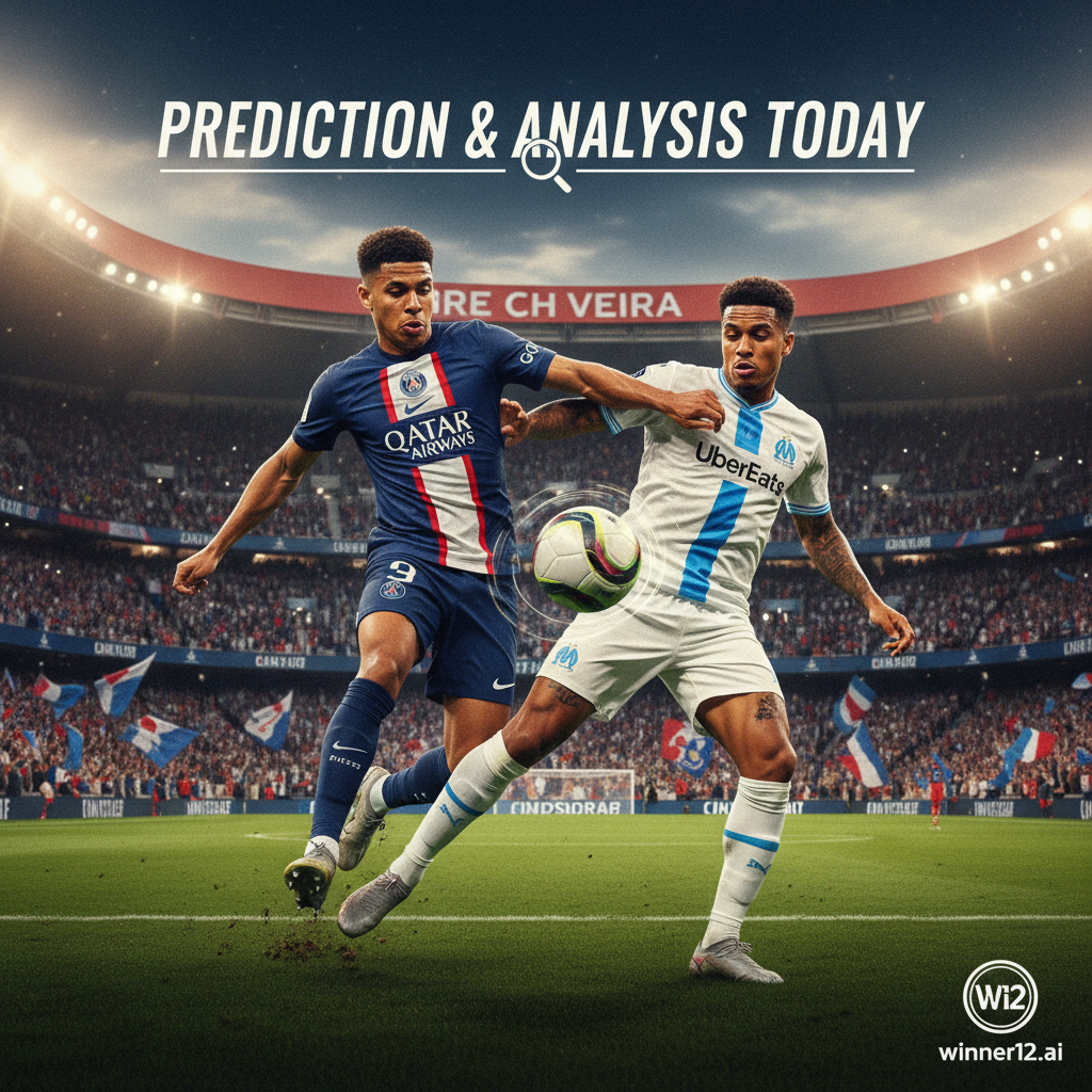 足球预测今日推荐免费海报，巴黎圣日耳曼与马赛激烈足球比赛场景，球员穿着正宗PSG和马赛球衣，热情观众充满活力的体育场氛围，动态足球正在比赛中，英式足球主题，包含“Prediction & Analysis Today”文字和winner12.ai或winner12 APP标志，突出专业分析与赛事精彩期待。