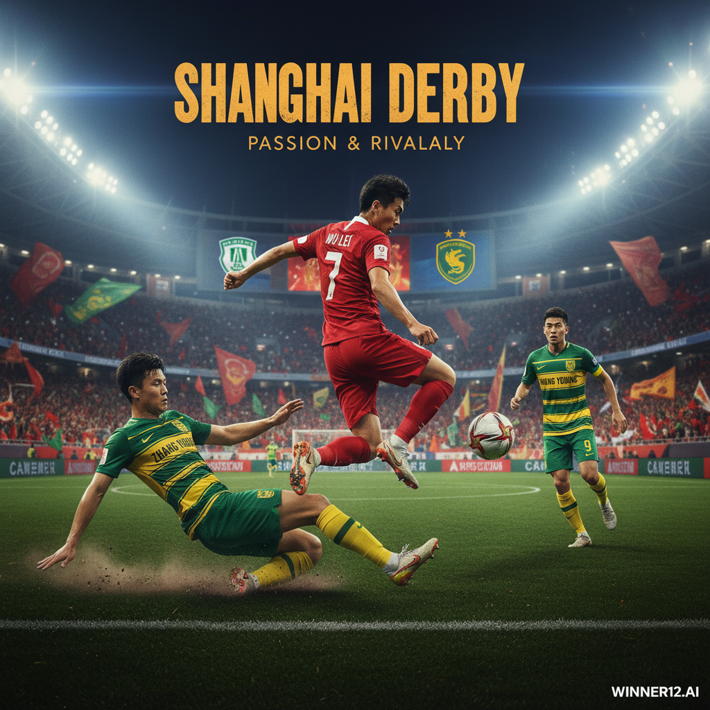 Alt text: Dynamic soccer match poster featuring Shanghai Port and Beijing Guoan players in authentic kits, highlighting Wu Lei’s skillful action and subtle visual nods to Zhang Yuning, set in a vibrant Chinese Super League stadium with the winner12.ai logo in the corner, capturing the intense derby rivalry and professional football excitement.