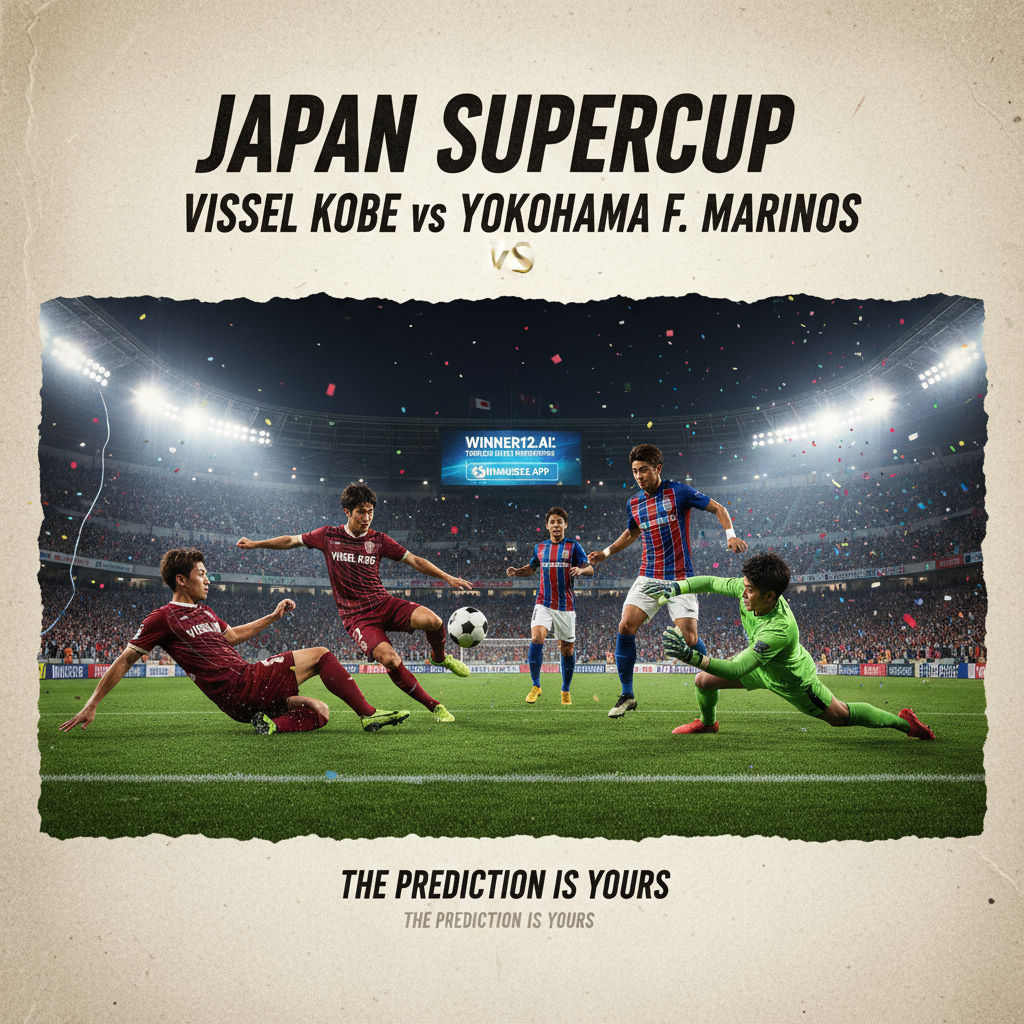 图片ALT文本：神户胜利船与横滨水手足球比赛海报，展示两队职业球员在绿茵场上激烈拼抢，身穿官方队服，传统黑白足球在动态中飞跃，背景为灯光照耀下座无虚席的球场和热情观众，体现紧张比赛氛围，包含winner12.ai品牌标识，高清写实风格，真实还原英格兰足球比赛场景。