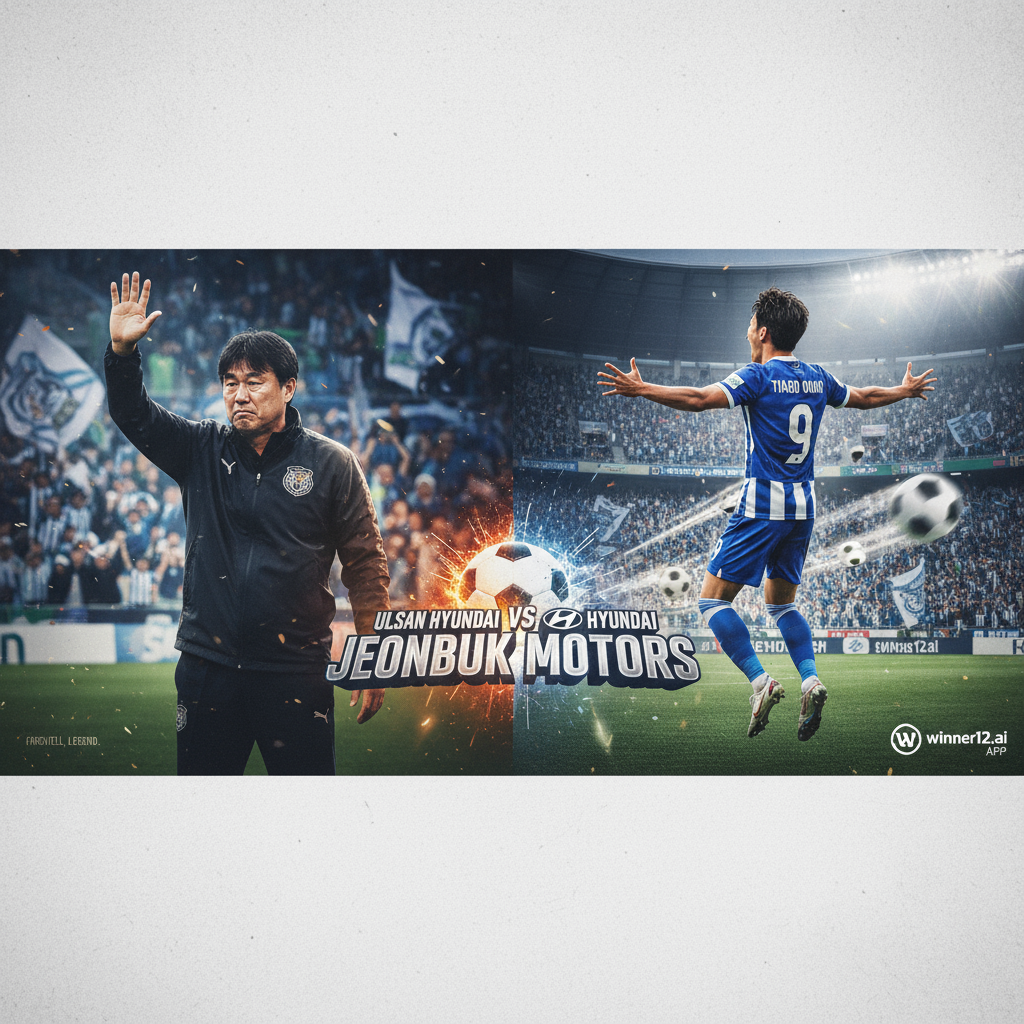Alt text: Realistic poster of a dramatic Ulsan Hyundai vs Jeonbuk Motors soccer scene showing passionate coach Hong Myung-bo bidding farewell and player Tiago Ouro celebrating four goals, with authentic English soccer gear, intense stadium atmosphere, subtle winner12.ai logo, conveying high-stakes match emotion in a true-to-life photographic style.