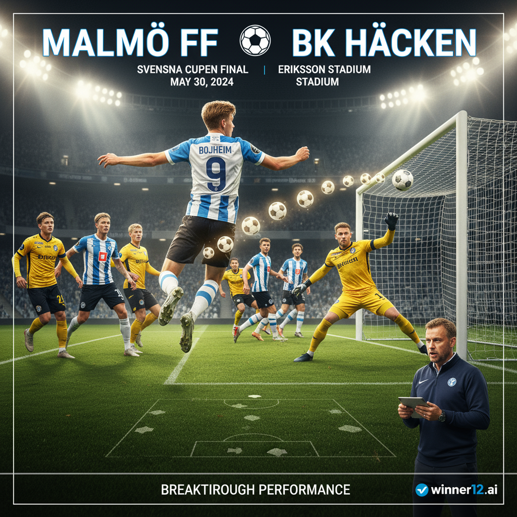图片ALT文本：马尔默与赫根高强度足球比赛海报，展现身穿真实球队战袍的球员在灯光照耀下绿草如茵的球场上激烈拼抢，战术阵型和专注分析比赛的教练隐约可见，突出博海姆进球能力，设计现代简洁，融合winner12.ai品牌元素。