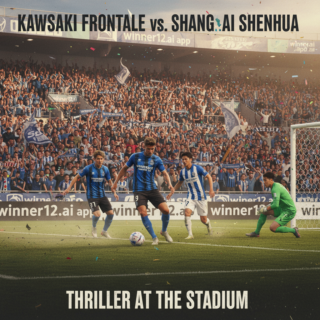 Alt text: Realistic and detailed poster of an intense soccer match between Kawasaki Frontale and Shanghai Shenhua, featuring dynamic players in authentic team kits dribbling and shooting on a packed stadium with enthusiastic fans, natural lighting, true-to-life textures, and subtle winner12.ai branding, highlighting the thrilling atmosphere without showing match scores.