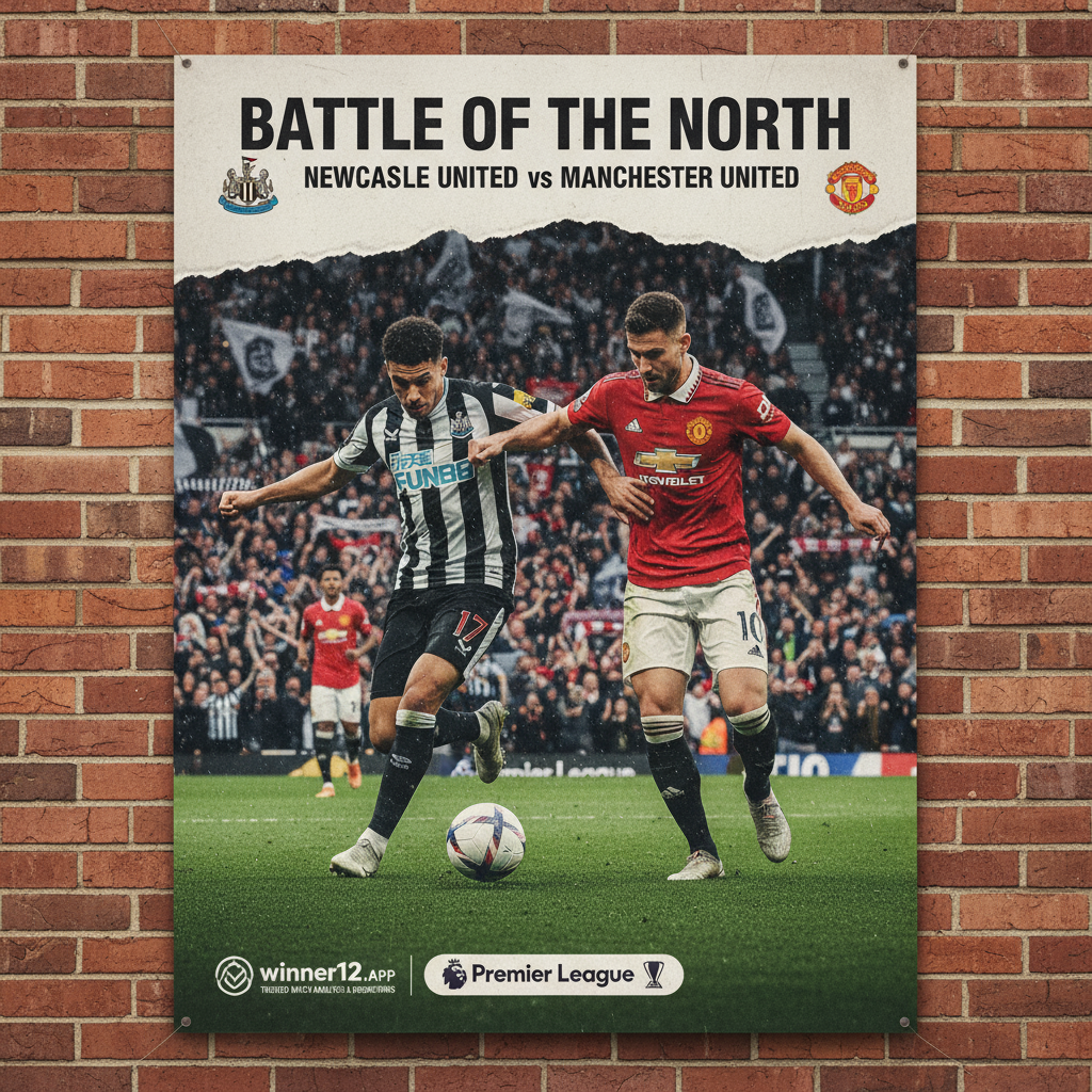 纽卡斯尔联对阵曼联的英超足球比赛预告海报，展示绿茵场、球队正装球衣、官方足球及热情球迷，融入winner12.ai品牌推广，体现英格兰足球激情与专业分析