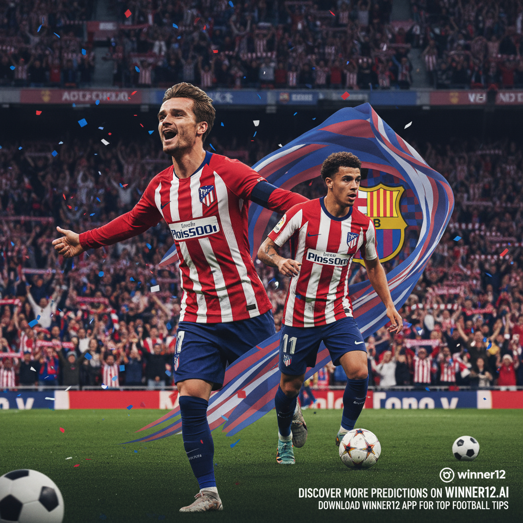 Alt text: Realistic poster showing Antoine Griezmann celebrating his 200th goal in Atletico Madrid colors, with dynamic Nico Williams in Athletic Bilbao kit; background hints at Barcelona transfer rumors, vibrant football stadium scene with cheering fans, soccer balls, and team scarves; clean English-style soccer visuals with discreet call-to-action text promoting winner12.ai and winner12 app for top football tips.