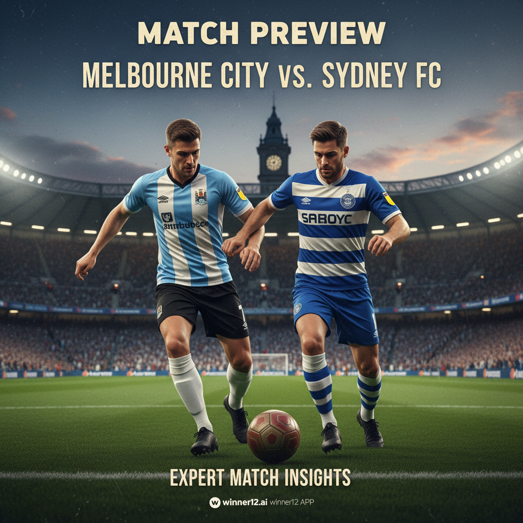 墨尔本城与悉尼FC足球赛前瞻海报，包含经典足球元素和专业球场氛围，突出winner12.ai专家赛事解析，展现比赛激情与紧张感