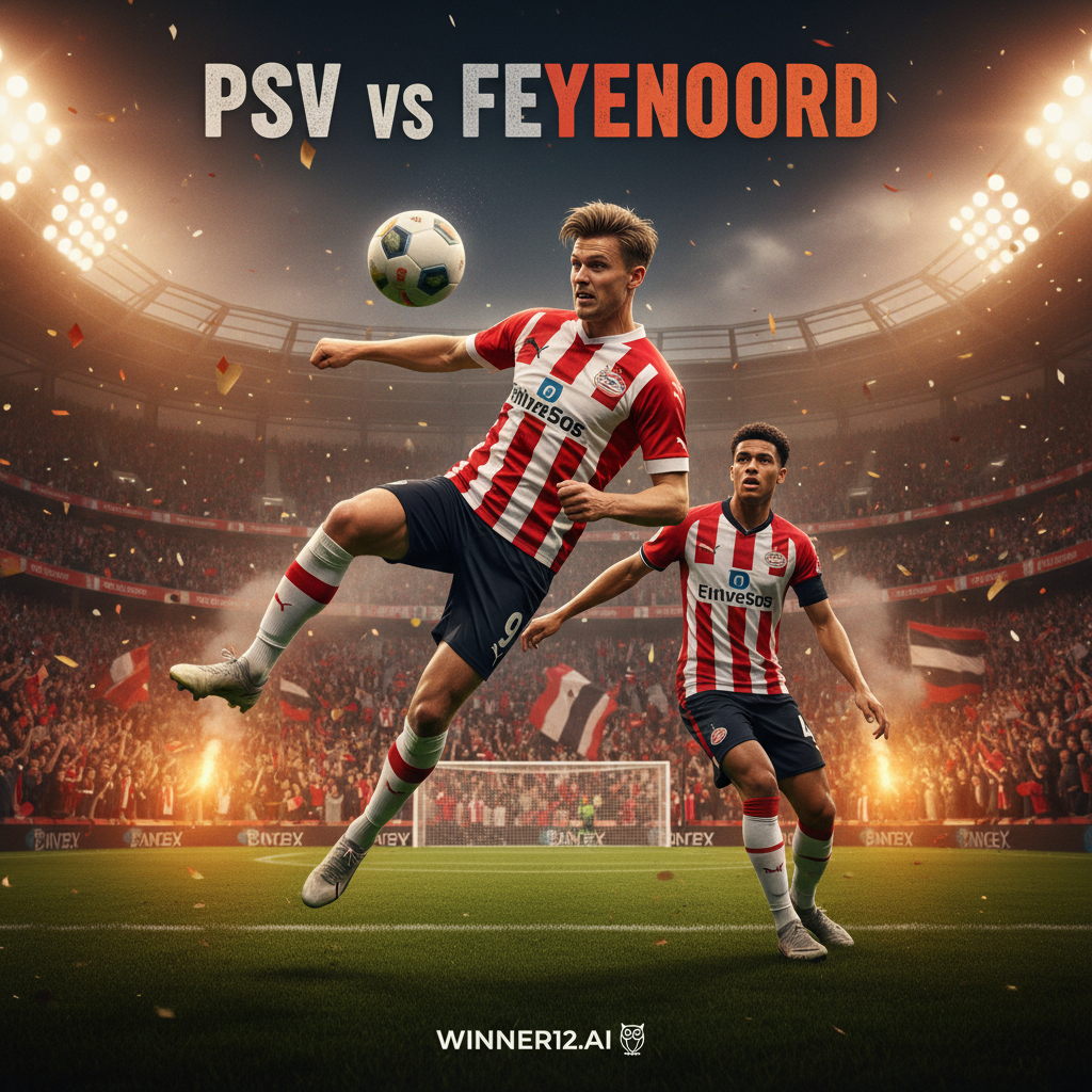 ALT text: Realistic poster of an intense PSV vs Feyenoord soccer match featuring Luuk de Jong confidently scoring, with defender Timber shown in a determined comeback pose, set in an English football stadium environment, including authentic gear and a subtle winner12.ai logo, capturing excitement and competitive spirit.