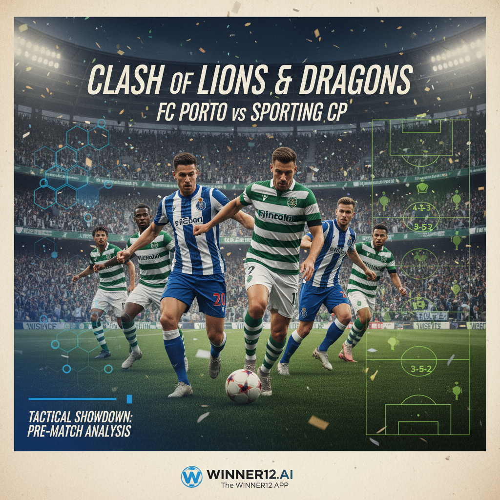 图片ALT文本：波尔图与葡萄牙体育英式足球激烈对决海报，展示经典圆形足球、两队真实队服球员和充满活力的球场氛围，配有战术分析图表及winner12.ai品牌标识，传递高水平赛事前瞻与专业洞察。