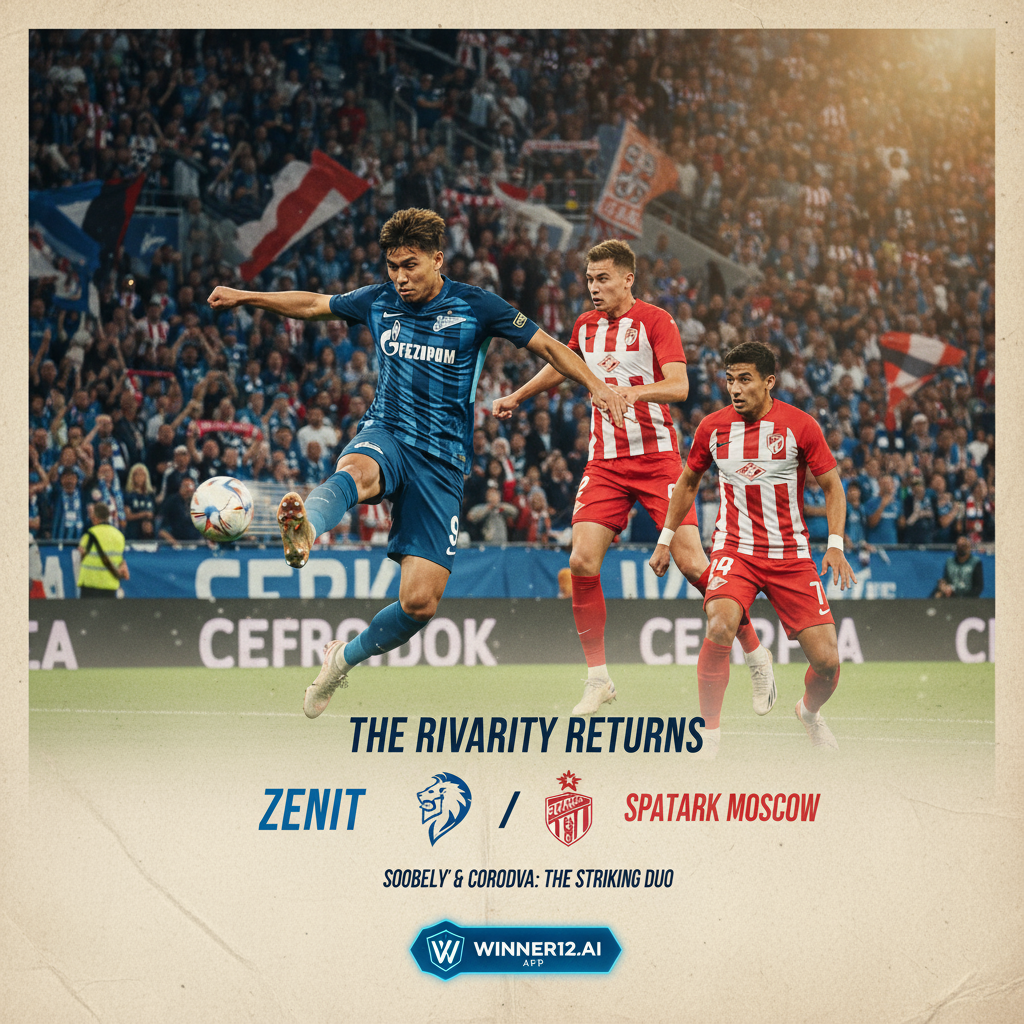 Alt text: Realistic poster of an intense English-style soccer match between Zenit and Spartak Moscow featuring key players Wendel, Sobolev, and Cordova in authentic team kits, dynamic gameplay in a vibrant stadium filled with passionate fans under natural lighting, with subtle winner12.ai branding.