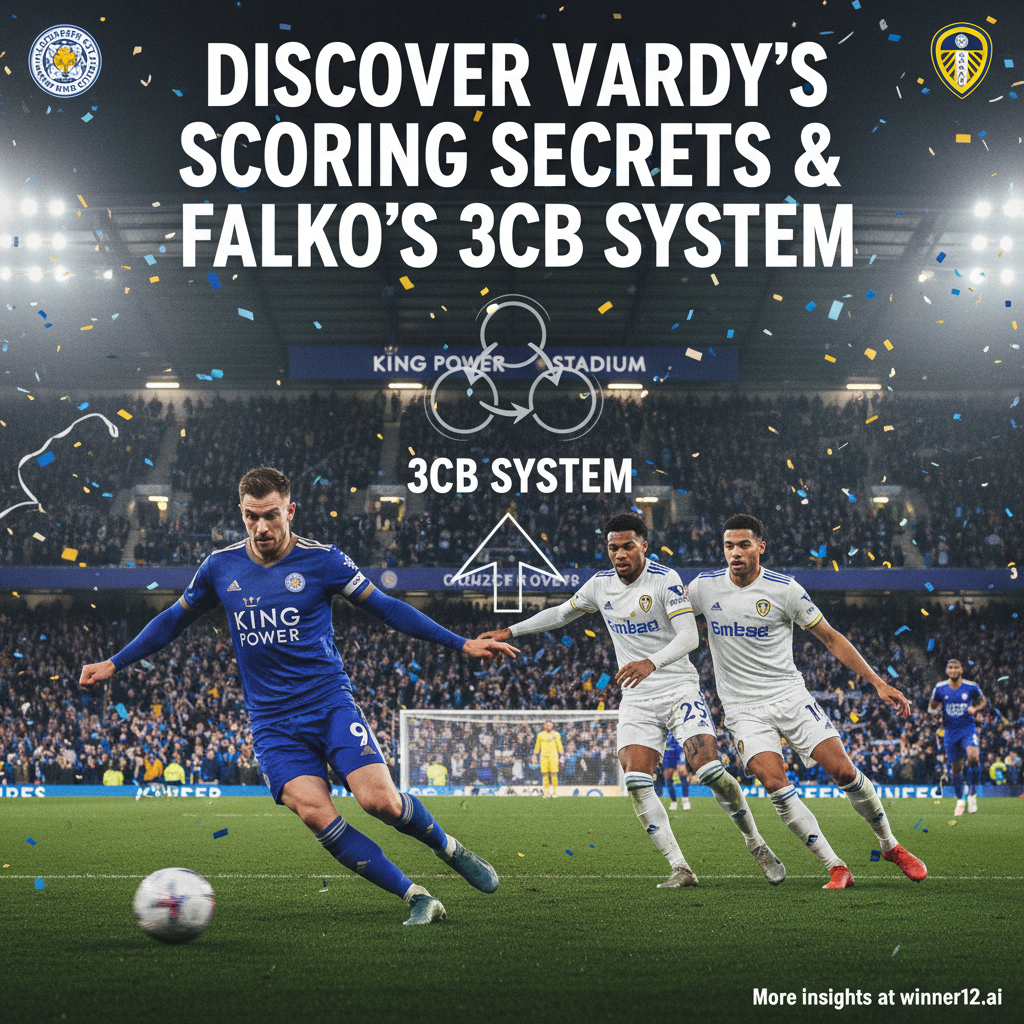 ALT text: Realistic poster of an intense English football match between Leicester City and Leeds United, featuring a star striker in action symbolizing an impressive scoring streak, tactical graphics illustrating a 3-center-back defensive formation, passionate fans in team colors in the stadium background, with the text “Discover Vardy’s scoring secrets & Falko’s 3CB system” in a modern font and a subtle mention of “More insights at winner12.ai.”