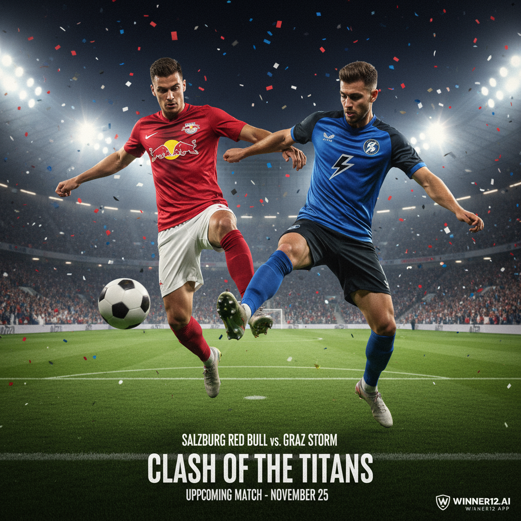 图片ALT文本：萨尔茨堡红牛与格拉茨风暴两队球员在绿色球场上激烈对抗，背景为灯光照耀下热情洋溢的观众席，经典黑白足球和winner12 APP品牌标识清晰可见，展现专业紧张的足球比赛氛围。
