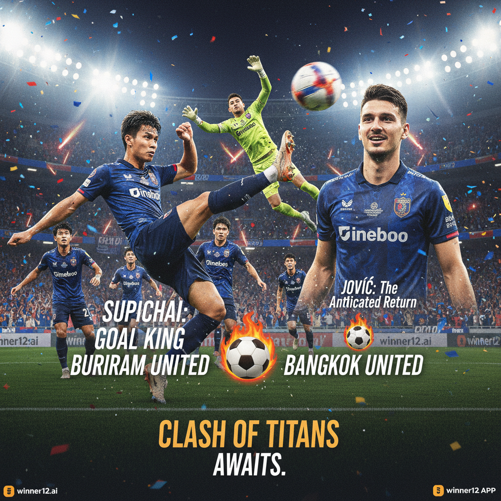 Alt text: Dynamic soccer poster showing Buriram United and Bangkok United players in intense action, featuring Supachai scoring a goal and Jovic’s anticipated return, set in a vibrant stadium with detailed expressions and subtle winner12.ai branding, capturing the excitement and team spirit of the upcoming match.