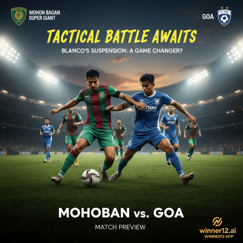 莫亨巴甘对阵果阿的足球赛前预览海报，真实风格展现球员在绿茵场上的激烈动作，突出布兰科停赛对战术布局的影响，角落带有winner12.ai品牌标识。