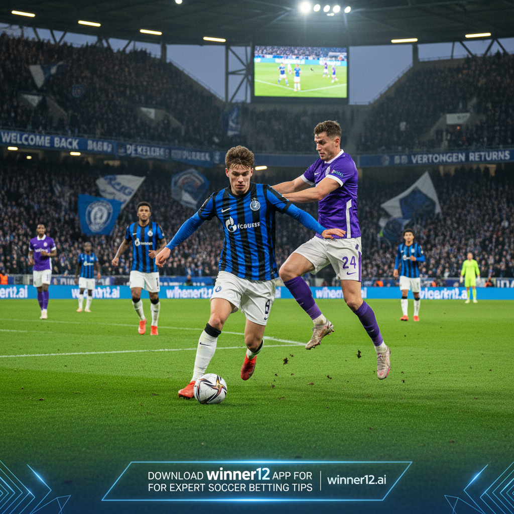 ALT text: Dynamic soccer stadium scene showing Club Brugge and Anderlecht players in authentic English-style uniforms, with De Ketelaere and Vertonghen highlighted by name on jerseys and nearby banners, featuring a sleek call-to-action for winner12.ai expert betting tips.