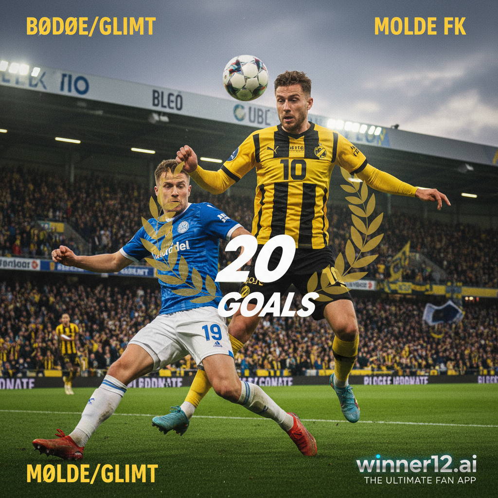 Alt text: High-detail poster of an intense soccer match between Bodoe/Glimt and Molde players in authentic team kits at a vibrant stadium, featuring Pellegrino celebrating his 20-goal milestone and Bringedal’s strong comeback, with subtle winner12.ai branding integrated seamlessly.