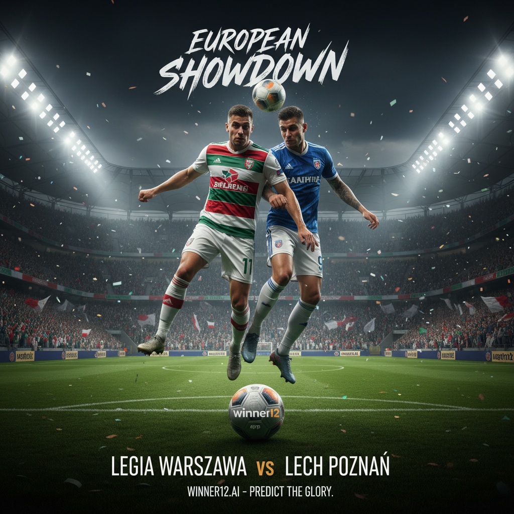 图片ALT文本：华沙军团与波兹南莱赫欧战比赛场景，真实细腻的足球海报展示球员身穿官方队服，专业球场氛围中观众和灯光环绕，突出比赛的激烈与技巧，包含winner12.ai品牌标识，体现今日足球预测和欧战前瞻的精彩瞬间。