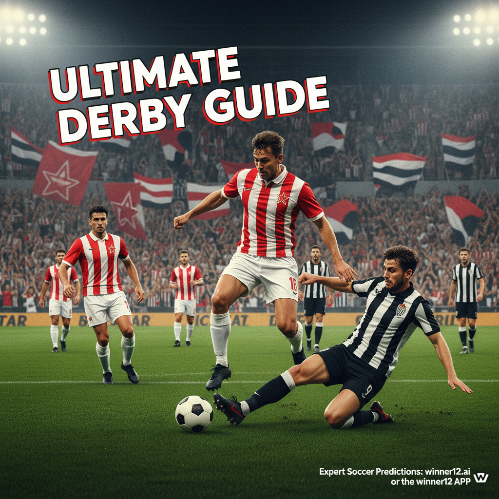 Alt text: Highly detailed poster of Red Star Belgrade vs Partizan soccer derby showing passionate players in traditional kits on a green pitch under stadium lights, rival fans with scarves and flags, classic black-and-white soccer ball, and bold “Ultimate Derby Guide” text with subtle “winner12.ai” call-to-action, capturing the fierce rivalry and excitement of this iconic match.